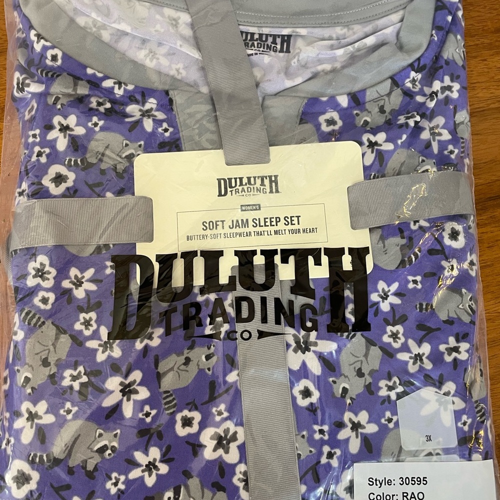 Duluth Trading Co Women's Pajama Set - Purple with Raccoon and Floral Design